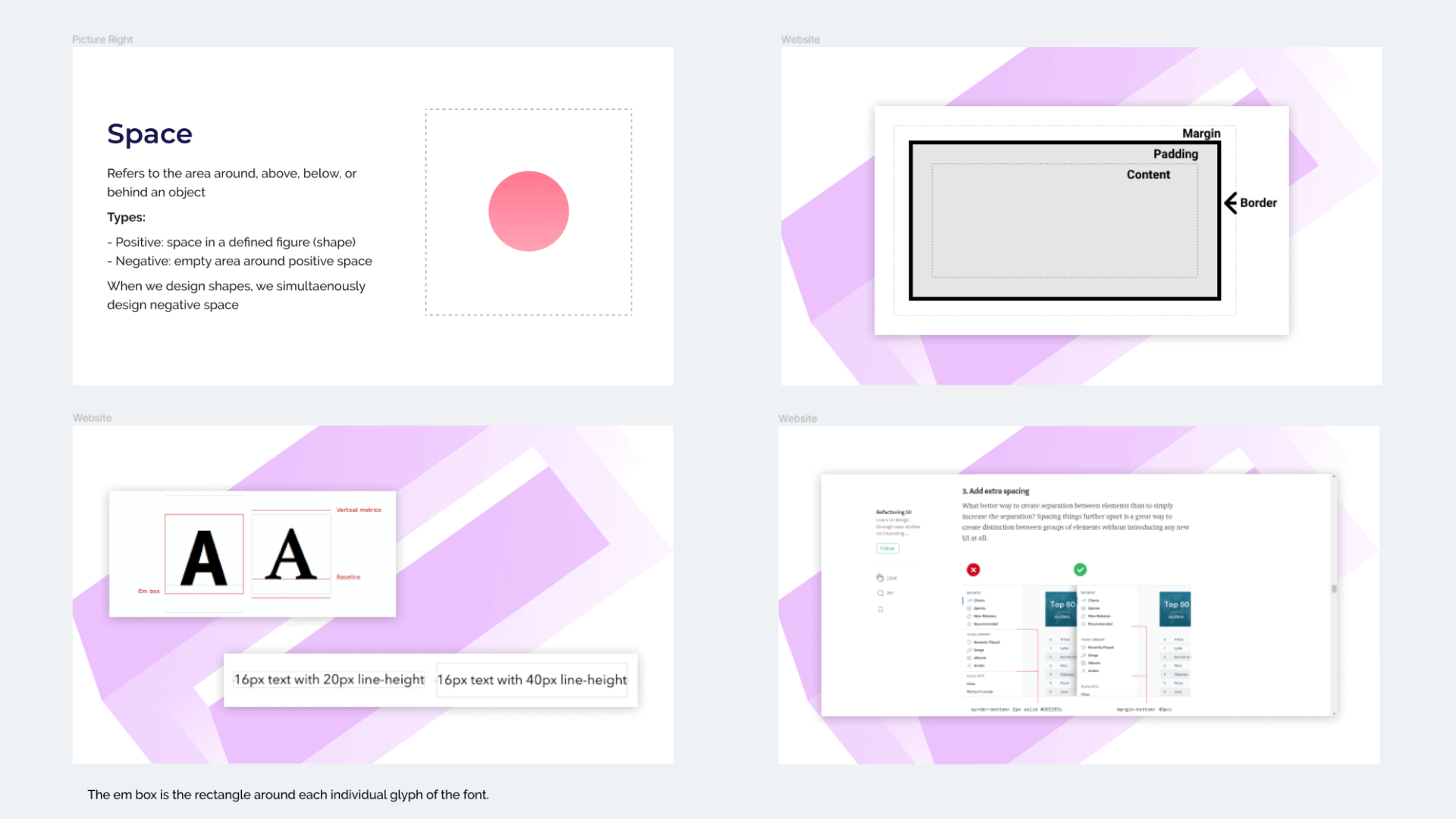 Example presenation slides from the UX/UI foundations workshop, discussing the principle of space